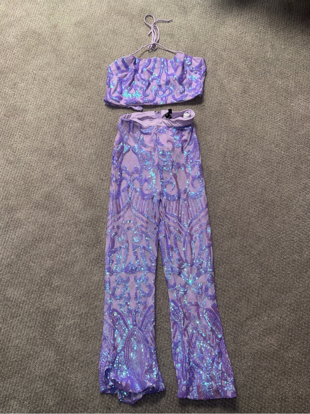 Lilac Sequin Halter Crop Top & Pants Set